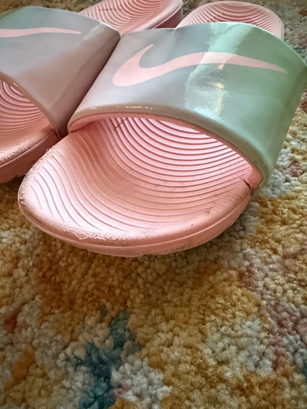 Nike 5Y Well-loved Pastel Pink and Iridescent Slide Sandals